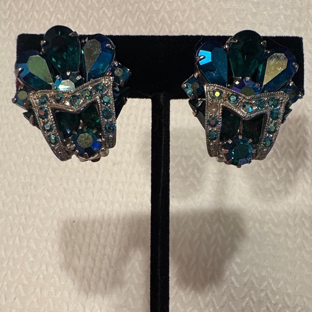 Blue and Green Aurora Borealis Peacock Crystal Clip On  Earrings